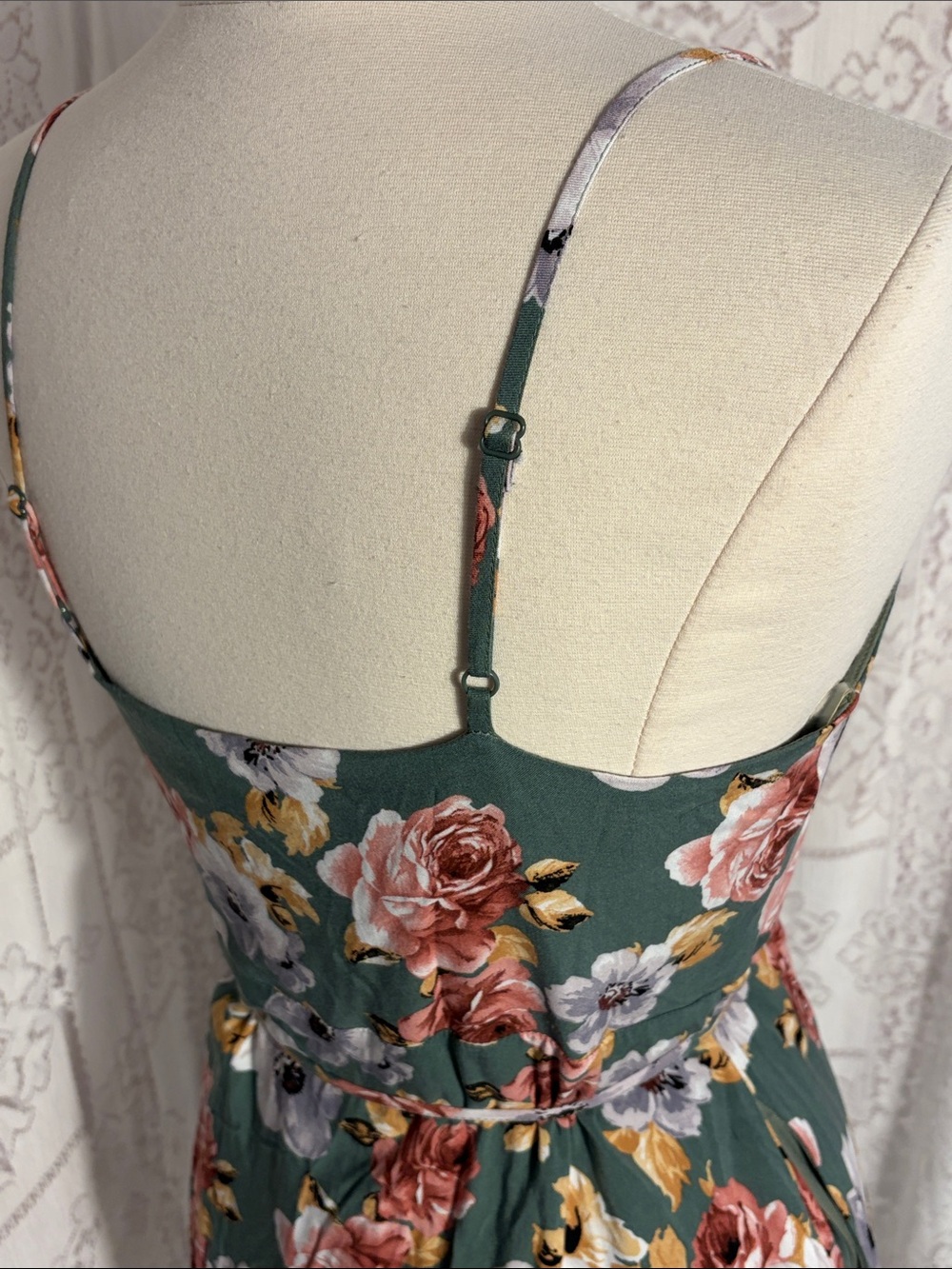 Listicle Green Floral Wrap Mini Dress with Pink and Gray Blooms - Picture 5 of 8